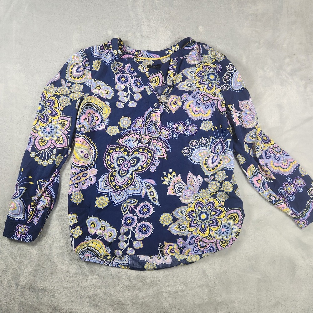 Talbots Blue Paisley Cotton Long Sleeve Button Tunic Petite SP Coastal Grandma